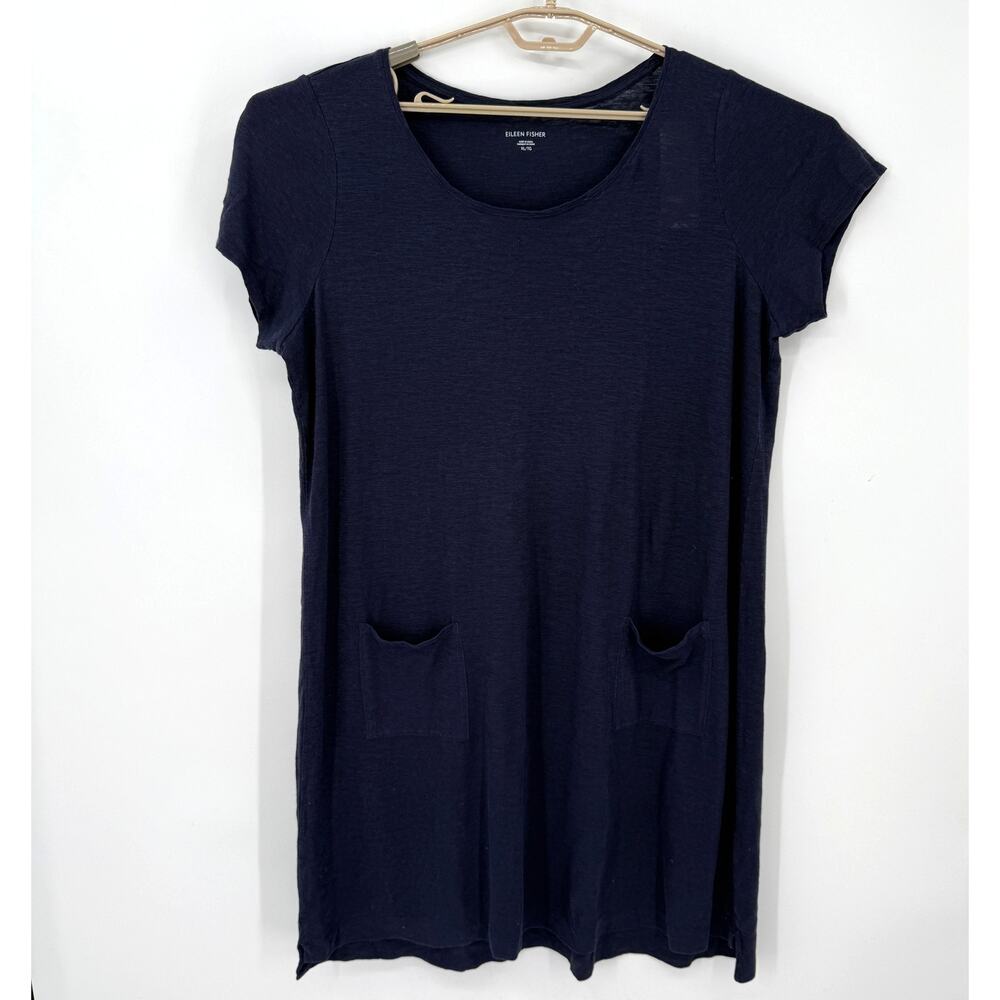 Eileen Fisher Short Shift Dress Midnight Blue Pockets Hemp Cotton Size XL NWT